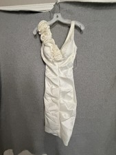 Xscape Dress Womens 6 White Satin Ruched One Shoulder Rosette Bodycon Knee