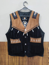 Men's Suede Leather Western Vest: Native American Style with Fringe Beaded