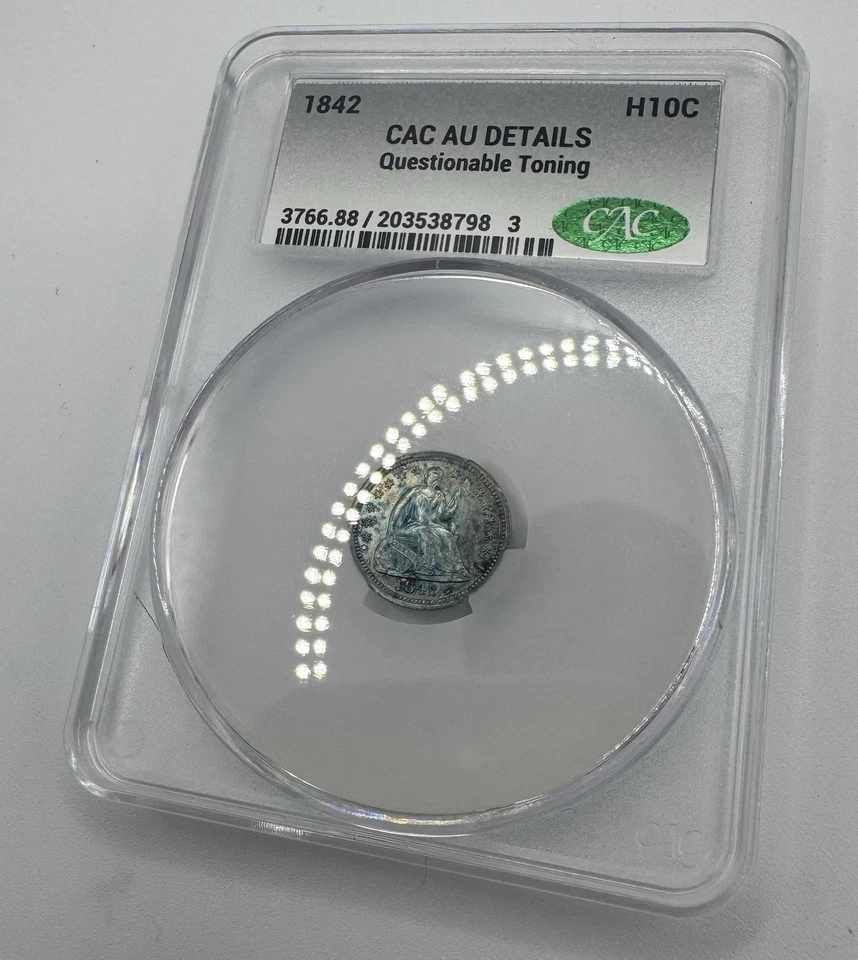 1842 Half Dime CAC Grading AU Details Questionable Toning  AMAZING Color!!! - Image 4 of 4