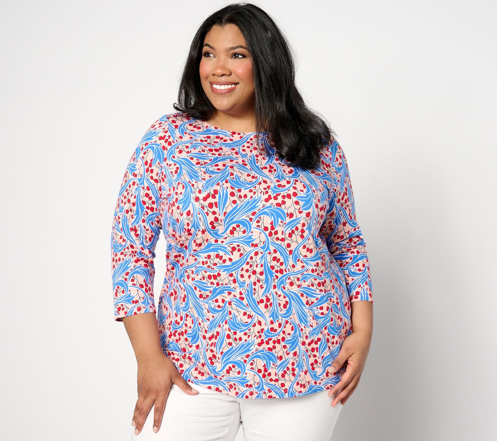 Susan Graver Women's Top Sz L Weekend Printed Comfy Cotton Multi-colored A638782