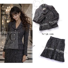 CHANEL 97A Vintage Black Gray Chevron Jacket Skirt Suit Karl Lagerfeld 36 38 40