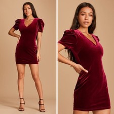 NWT Lulus Make it Memorable Wine Red Velvet Puff Sleeve Bodycon Mini Dress S