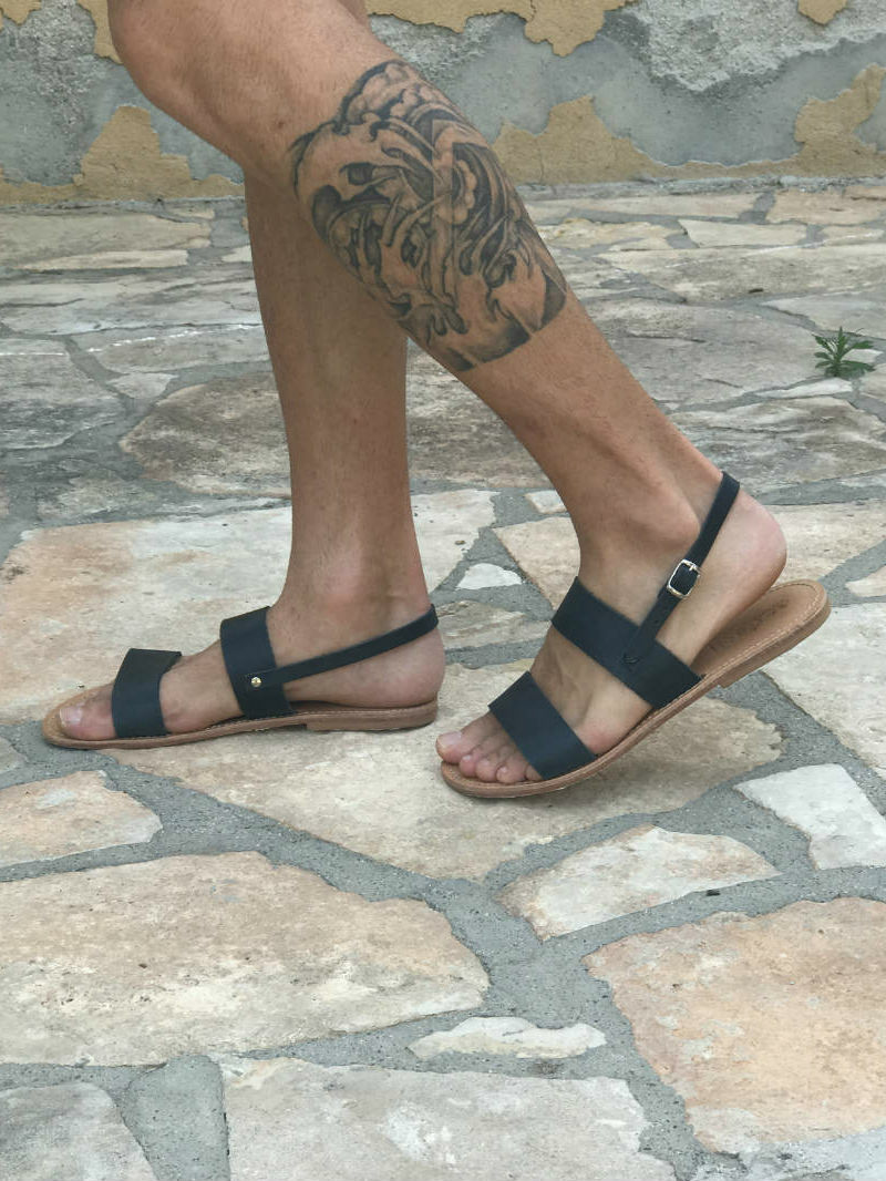 Share Mens Black Leather Strap Slide Sandals Slides Day Night Dress Greek Casual