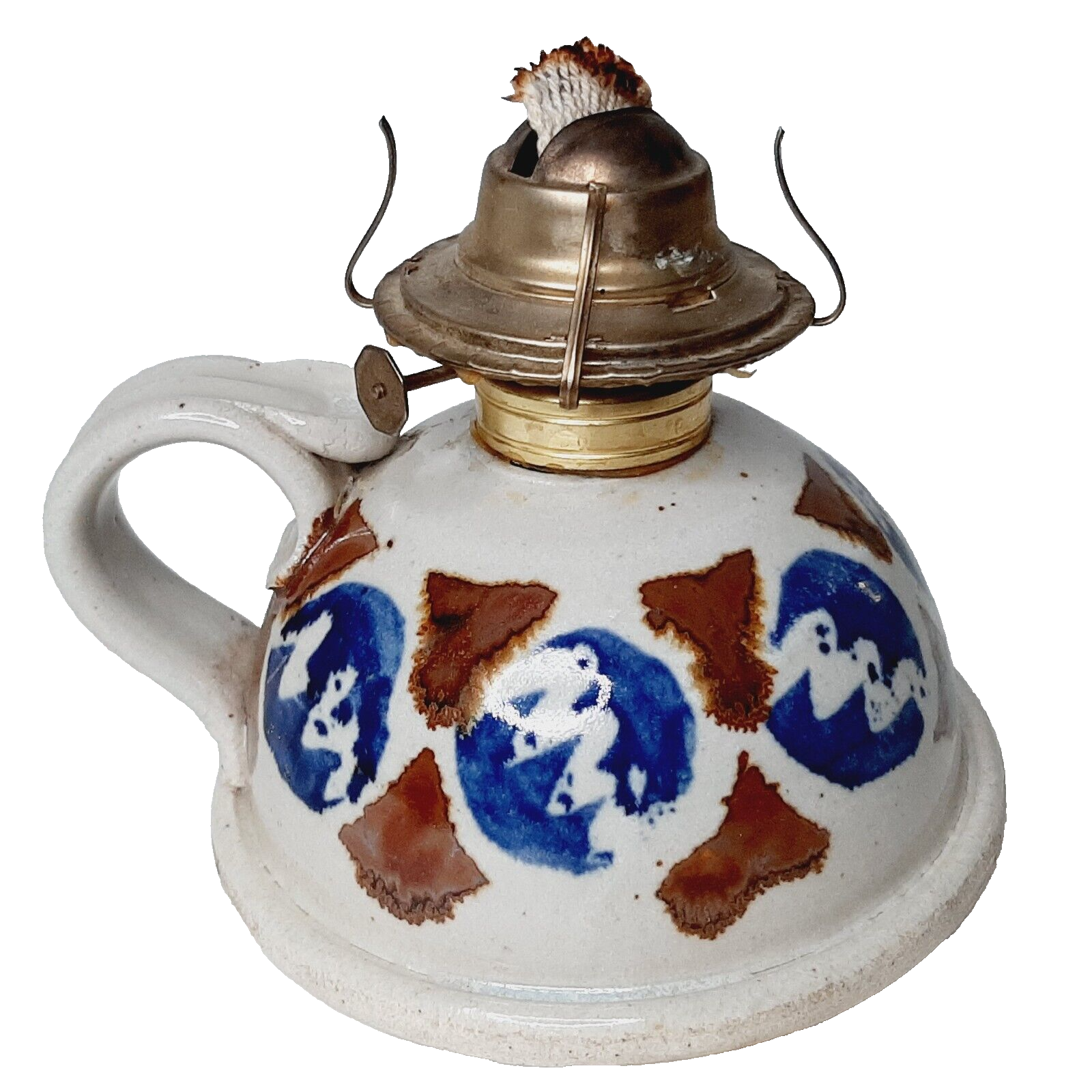 Vintage Art Pottery Oil Kerosene Lamp Handmade Thrown Stoneware Brown Blue Beige