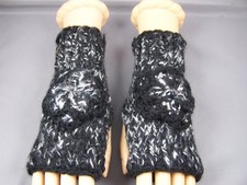 Black White Knit Fingerless Gloves Arm Warmers Texting