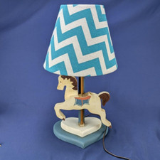 Vintage Handmade Wooden Carousel Horse Table Lamp with Chevron Shade
