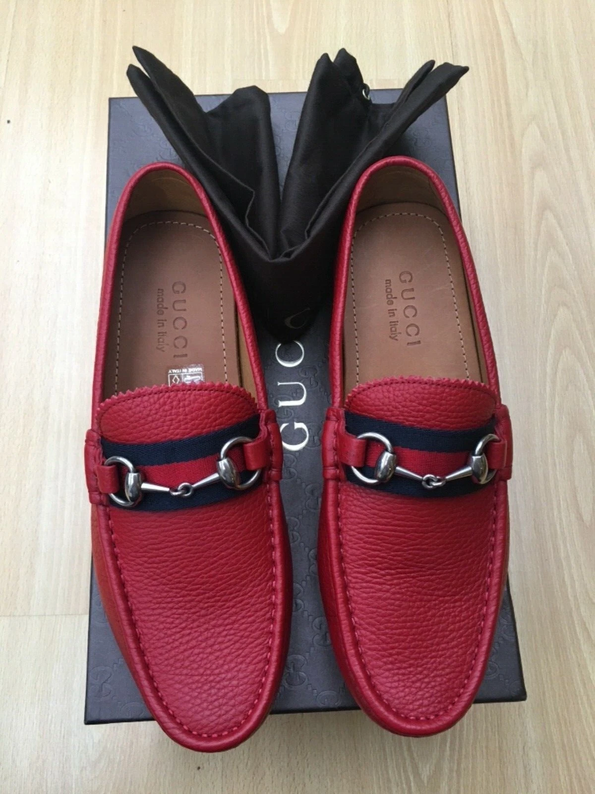Gucci Mocassins Chaussures Cuir Rouge Horsebit Bleu Web Driver Homme UK 5 US 6 39 Neuf