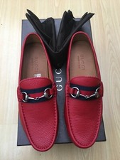 Gucci Loafers Shoes Red Leather Horsebit Blue Web Driver Mens UK 5 US 6 39 New