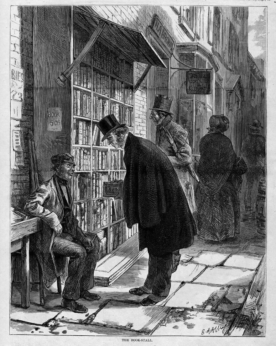 STREET BOOK-STALL IN NEW YORK, BOOK HUNTERS, SIDEWALK RARE AND USED BOOK-STALLS