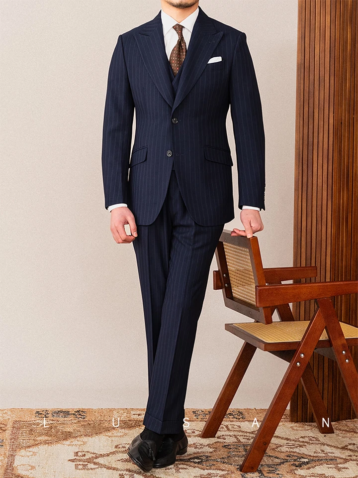 Темно-синий мужчин костюмы пик лацкан в полоску однобортный регулярный свадьбы официальный - Изображение 4 из 4