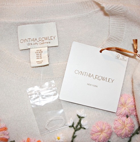 CYNTHIA ROWLEY Embroidered Cream 100% 2PLY-Cashmere Crew Neck Sweater  sz MEDIUM - Picture 7 of 8