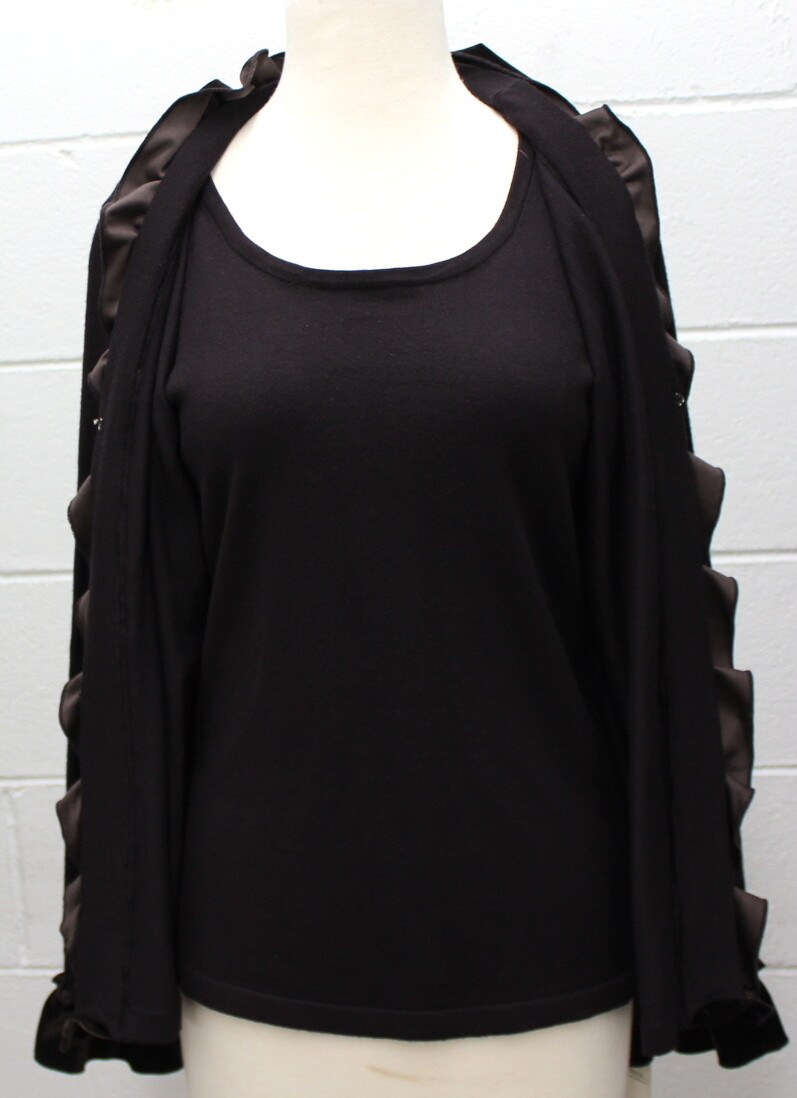 Elementz Velvet Trim Cardigan with Attached Tank Sweater Top Brown S Small New