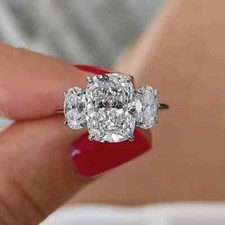 4.45CTW Cushion Cut Moissanite Three-Stone Engagement Ring 14K White Gold Plated