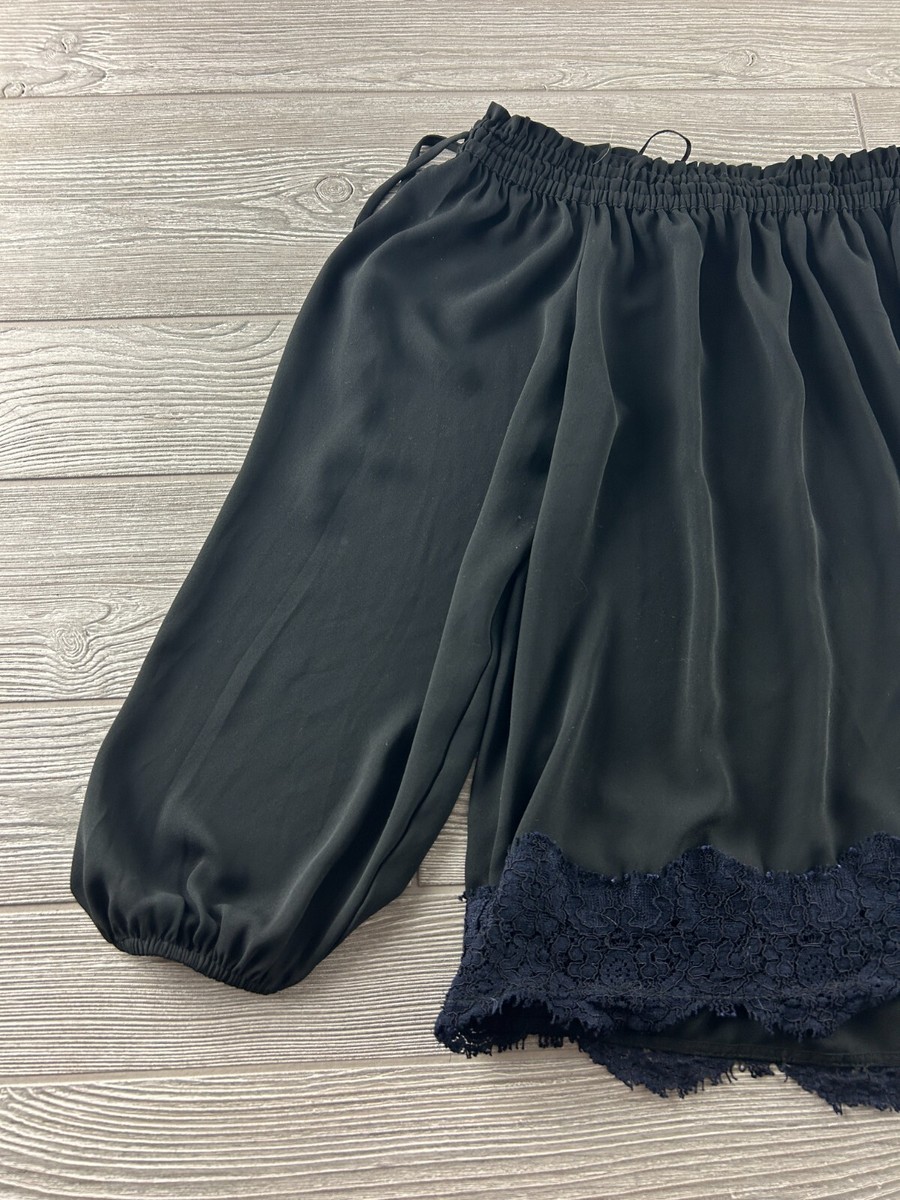 Loft Black Dark Blue Lace Trim Off The Shoulder Top Women's Size