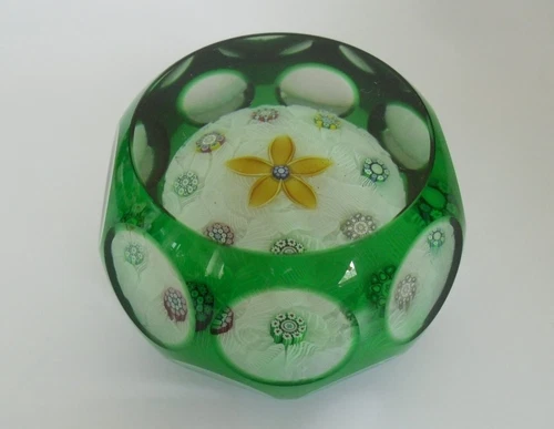 Peter McDougall Yellow Flower & Complex Cane on Lace Flashed Paperweight  2 3/4"