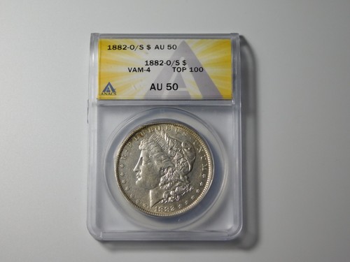 OLD SILVER US COIN 1882 O/S VAM 4 TOP 100 MORGAN SILVER DOLLAR ANACS AU 50