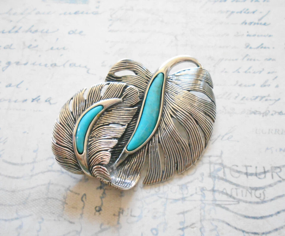 Broche Pluma Curvada Turquesa Pollack Esterlina Oxidada T56R20 Foto 2 de 4