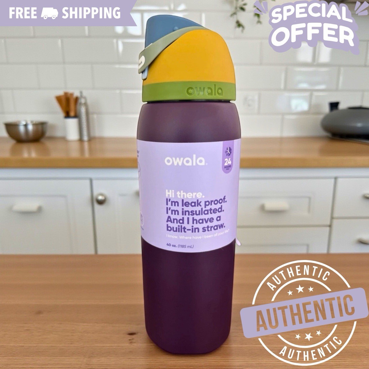 Owala FreeSip Stainless Steel Water Bottle / 40oz / Color: Jazz Fest