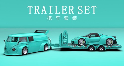 Set rimorchio - VW T1 + Porsche 918 + rimorchio - turchese - Time Micro 1:64 - Foto 6 di 6