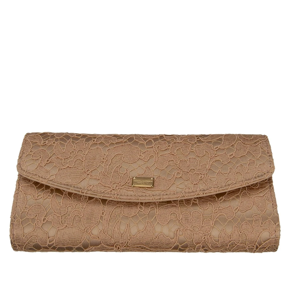 DOLCE & GABBANA Taormina Flower Lace DG Logo Satin Clutch Crossbody Bag Beige - Image 4 of 4