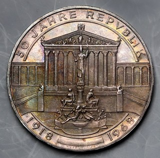 1968 Austria 50 Schilling Republic Anniversary 90% Silver Proof Nicely Toned