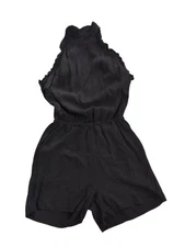 Fraiche by J  Romper S Black Rayon Pockets Raglan Mock Collar Deep back "V"