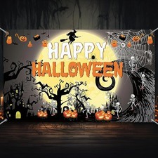 Happy Birthday Halloween Backdrop,Horror Theme Pumpkin,Ghouls,spide,Moon,Witch P