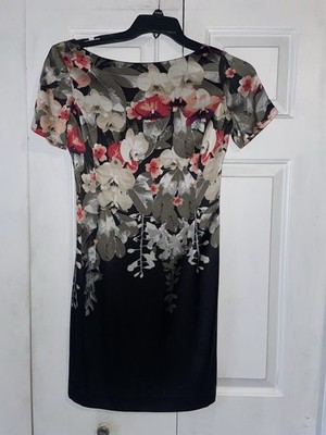 St John Silk Black & Red Floral Short Sleeve Sheath Dress- Size 2