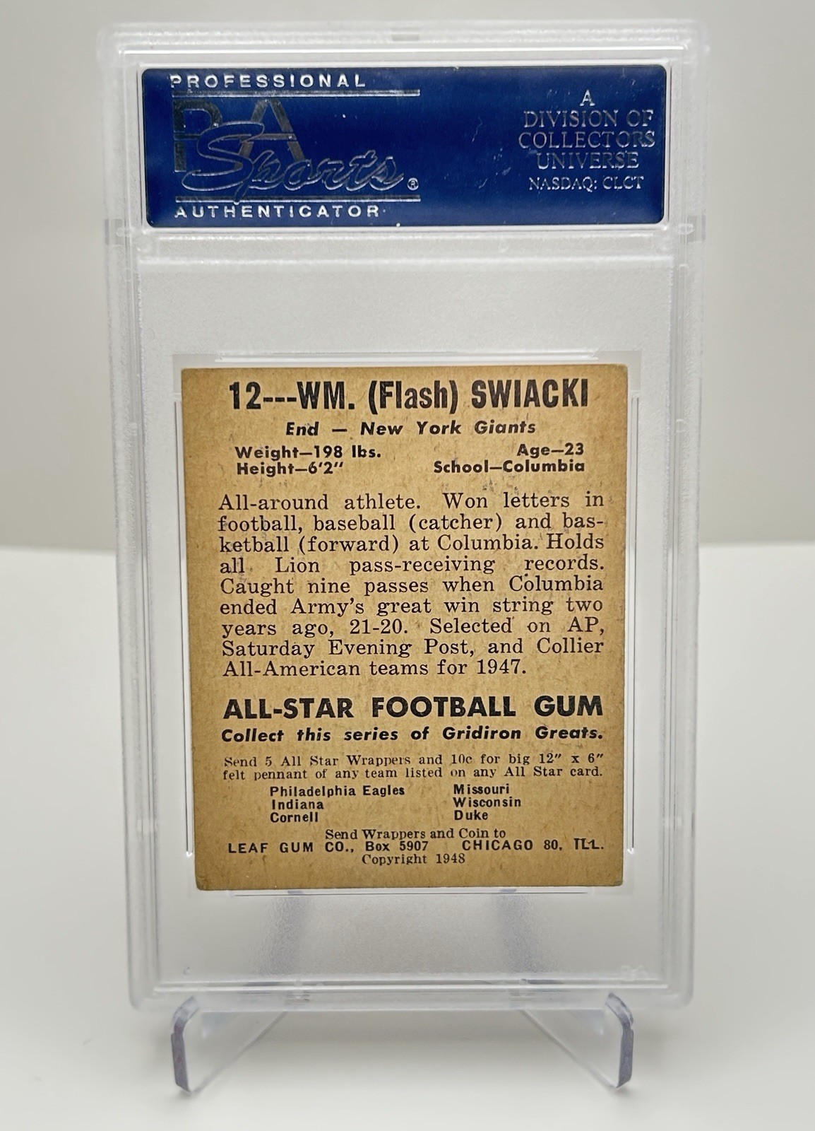 1948 Leaf Flash Swiacki #12 Black Name PSA 4 VG‑EX Vintage Football Rookie Card view 2