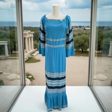 Greek Bohemian Cottagecore Blue Maxi Dress Ethnic Embroidered Prairie Festival