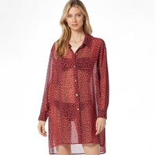 Michael Kors Swim Cover-Up Medium Semi Sheer Button Up Leopard Print Red New