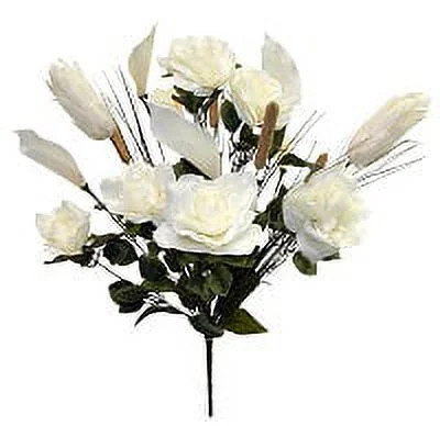 24in Rose Lily Protea Cattail Grass Artificial Greenery Flower Bush (Cream, 1)