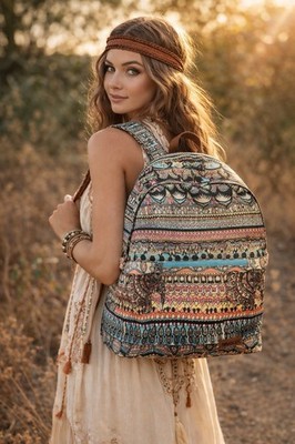 New SAKROOTS Multicolor Aqua Coated Canvas Large Rockaway Cargo Backpack Boho