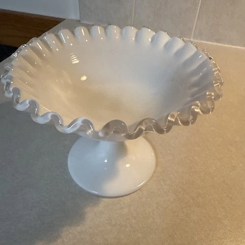 Vintage Fenton White Milk Glass Pedestal Compote/Candy Dish Ruffled Edge