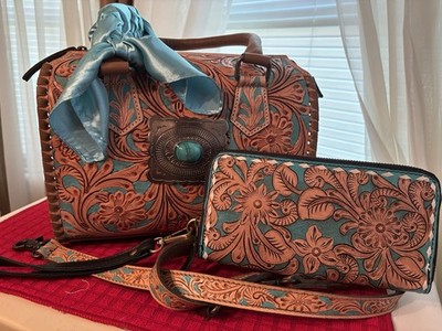 NEW Western Tooled Brown and Turquoise Floral Speedy with Matching Wallet