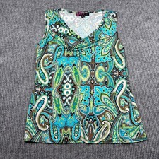 Peck & Peck Tank Top Womens L Blue Green Paisley V-Neck Sleeveless USA Made