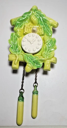 Vintage McCoy Pottery Cuckoo Clock Wall Pocket Green & Yellow 11"