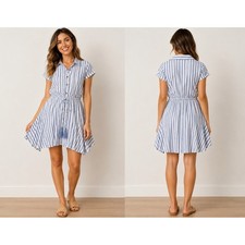 Indigo Rose Blue White Striped Tassel Drawstring Waist Mini Shirt Dress