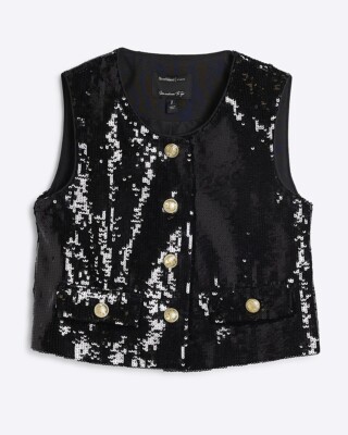 River Island ❤️ Black Sequin WAISTCOAT Cropped TOP ❤️ 10 Chest 34