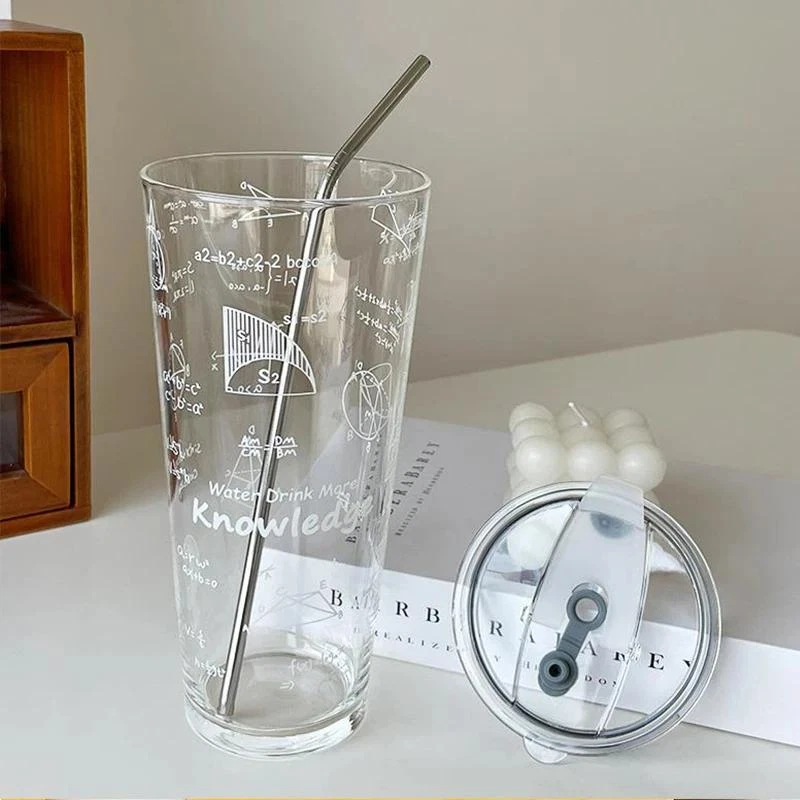 Taza de utensilios de vidrio transparente con tapa patrón matemático de gran capacidad de 1000 ml Foto 3 de 4