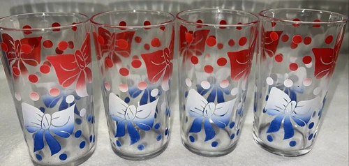 Vintage FEDERAL GLASS Patriotic Bows & Dots Tumblers Set of 4 Red White Blue
