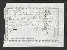 US 1783 STATE OF CONNECTICUT TREASURER RECEIPT & PAYMENT OF 9 POUNDS