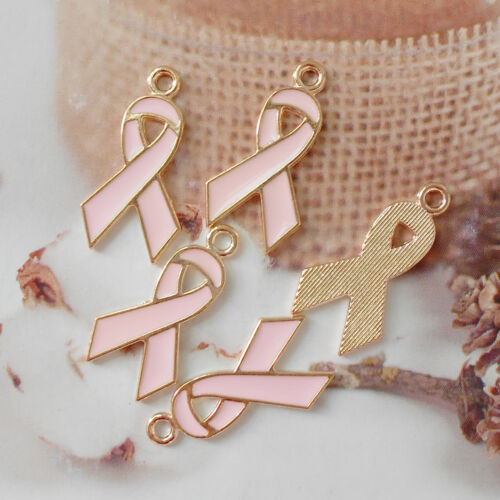 20 pcs Pink Enamel Bow Charm Gold Breast Cancer Awareness Pendant DIY 28x15mm - Bild 1 von 6
