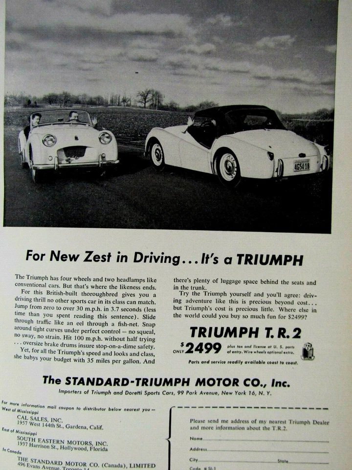 1955 Triumph TR 2 Vintage For The New Zest In Driving Original Print Ad 8.5x11" - Image 2 of 4