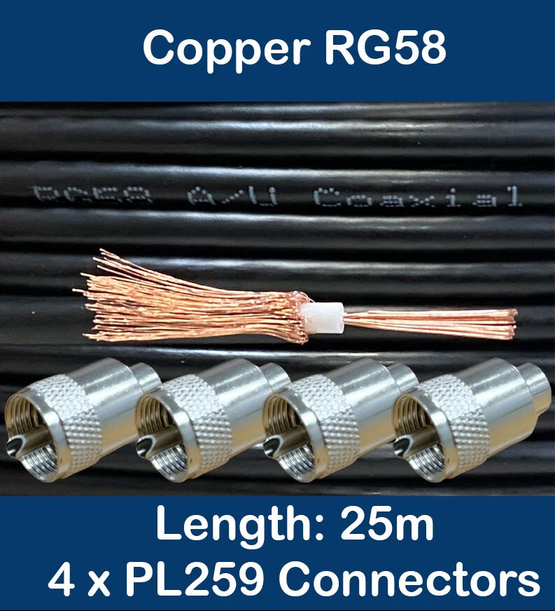 25m Copper Black RG58 50 Ohm Coaxial Cable 4 x PL259 UHF CB Radio Ham Aerial