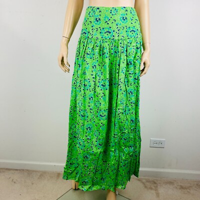 Lulu's Green With Blue Floral Pretty Bohemian Large Slit Women's S Maxi  Skirt