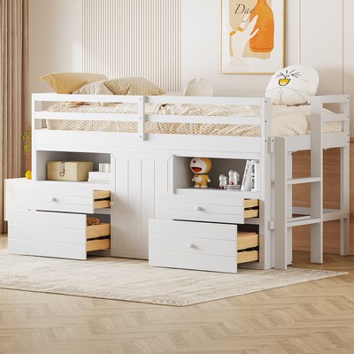Twin Loft Bed with 4 Drawers, Underneath Cabinet and Shelves, White 42AAK