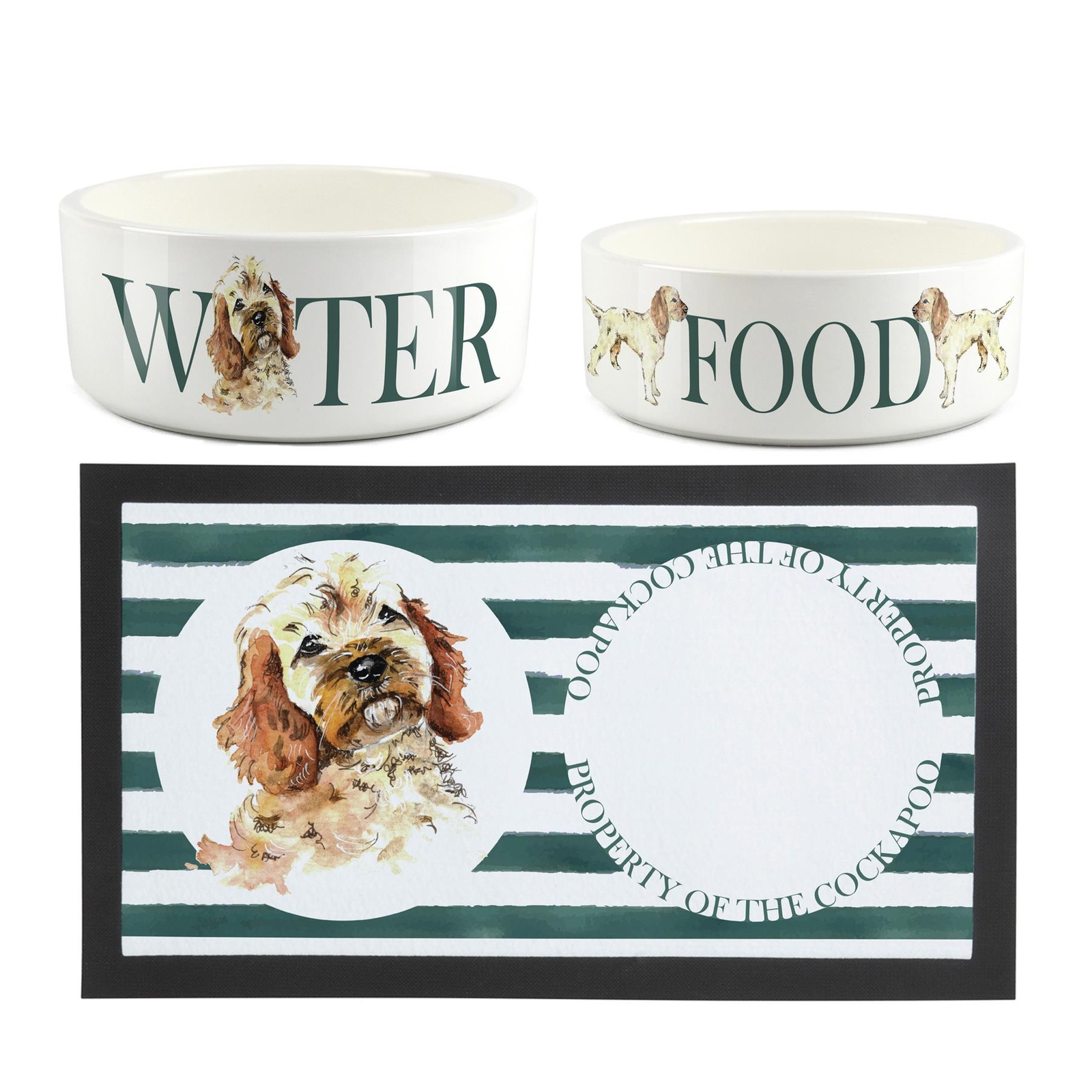 Cockapoo Pet Bowls & Mat Set - White Ceramic Food & Water Dishes Gifts