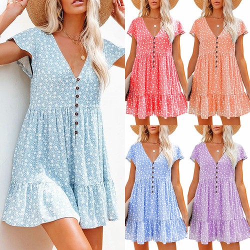 Elegantes Minikleid Damen V-Ausschnitt mit Knopf Blumenmuster Taille Rüschen Damen - Bild 1 von 17