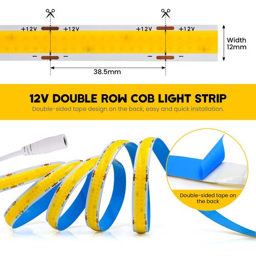 High Density 600 LED COB Strip Lights 12V 24V Flexible Tape Rope Self Adhesive - Picture 8 of 24